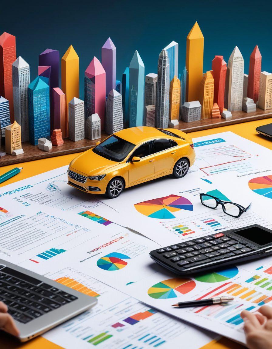 A dynamic scene depicting a person comparing car insurance policies at a desk filled with papers, a laptop displaying charts and coverage options, surrounded by colorful car models representing different coverage types. A thought bubble showcasing key benefits and tips, with a background of a bright city skyline symbolizing financial security. super-realistic. vibrant colors. 3D.