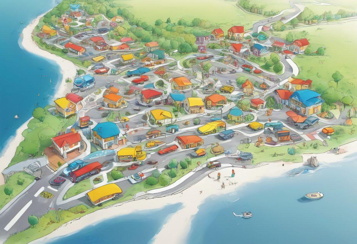 A detailed map illustrating a winding path through a vibrant, bustling insurance marketplace, featuring diverse characters shopping for affordable auto coverage. Include colorful signs for various insurance providers, graphic representations of policies, and a diverse group of people engaging in discussions about options. The scene should be bright and inviting, emphasizing accessibility and guidance. cartoon style. vibrant colors. white background.