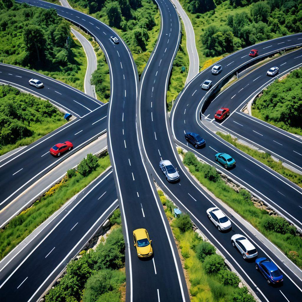 An intricate roadmap design featuring various car icons, dollar signs, and insurance policy documents laid over a scenic highway. Include symbols representing budget-friendly options and value maximization, like discount tags and a magnifying glass. Bright, engaging colors should enhance the sense of exploration and savings. super-realistic. vibrant colors.